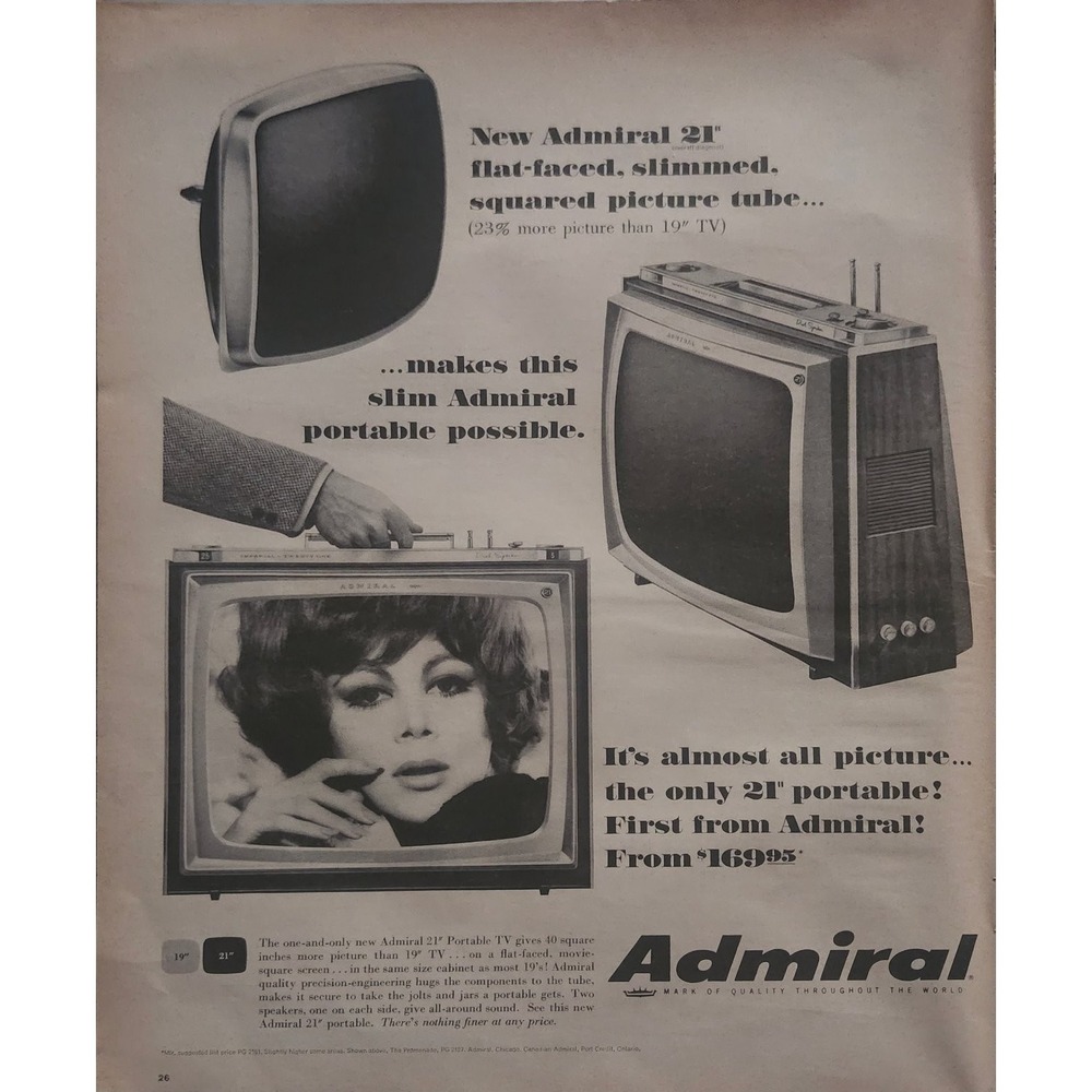 Admiral 21" Portable TV Magazine Ad 1960s Mid-Century Modern 10x13